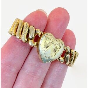 Vintage Sweetheart Bracelet: Heart Expansion Bracelet GF Flower Gold Filled